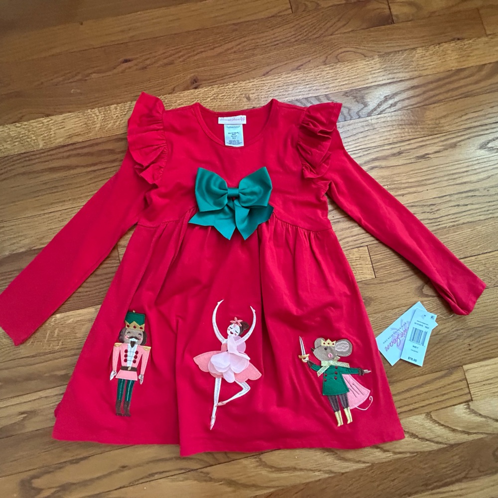 Bonnie Jean Red Dress with Green Bow and Nutcracker Design